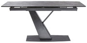 Moderner Esstisch mit grauer Tischplatte und einzigartigem V-förmigem Metallgestell, seitliche Perspektive.