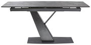 Moderner Esstisch mit grauer Tischplatte und einzigartigem V-förmigem Metallgestell, seitliche Perspektive.