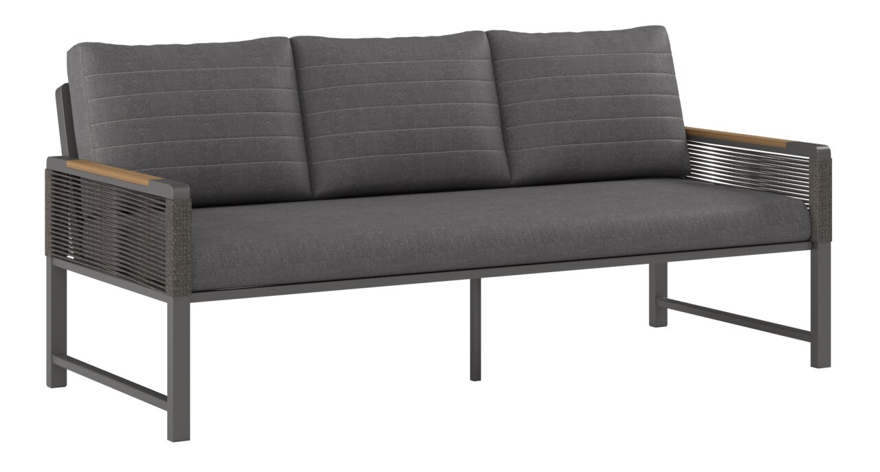 Dreisitzige Sitzbank mit grauem Stoffbezug und Metallrahmen, seitliche Perspektive