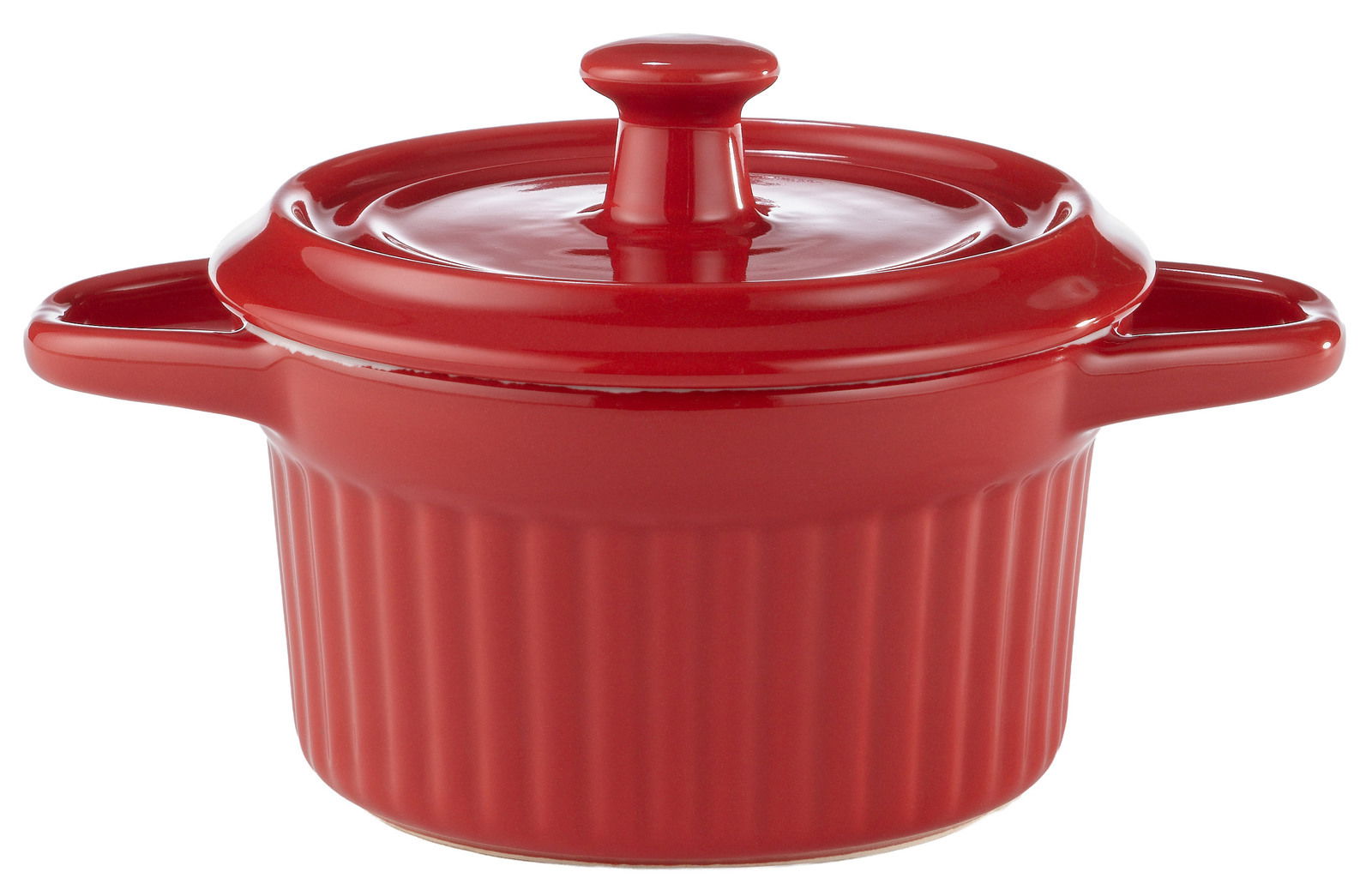 Rote Cocotte mit Deckel und seitlichen Griffen, Frontalansicht