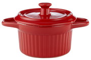 Rote Cocotte mit Deckel und seitlichen Griffen, Frontalansicht