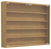 Holz-Wandschrank mit zwei Glasschiebetüren und mehreren Einlegeböden, Ansicht schräg von vorn