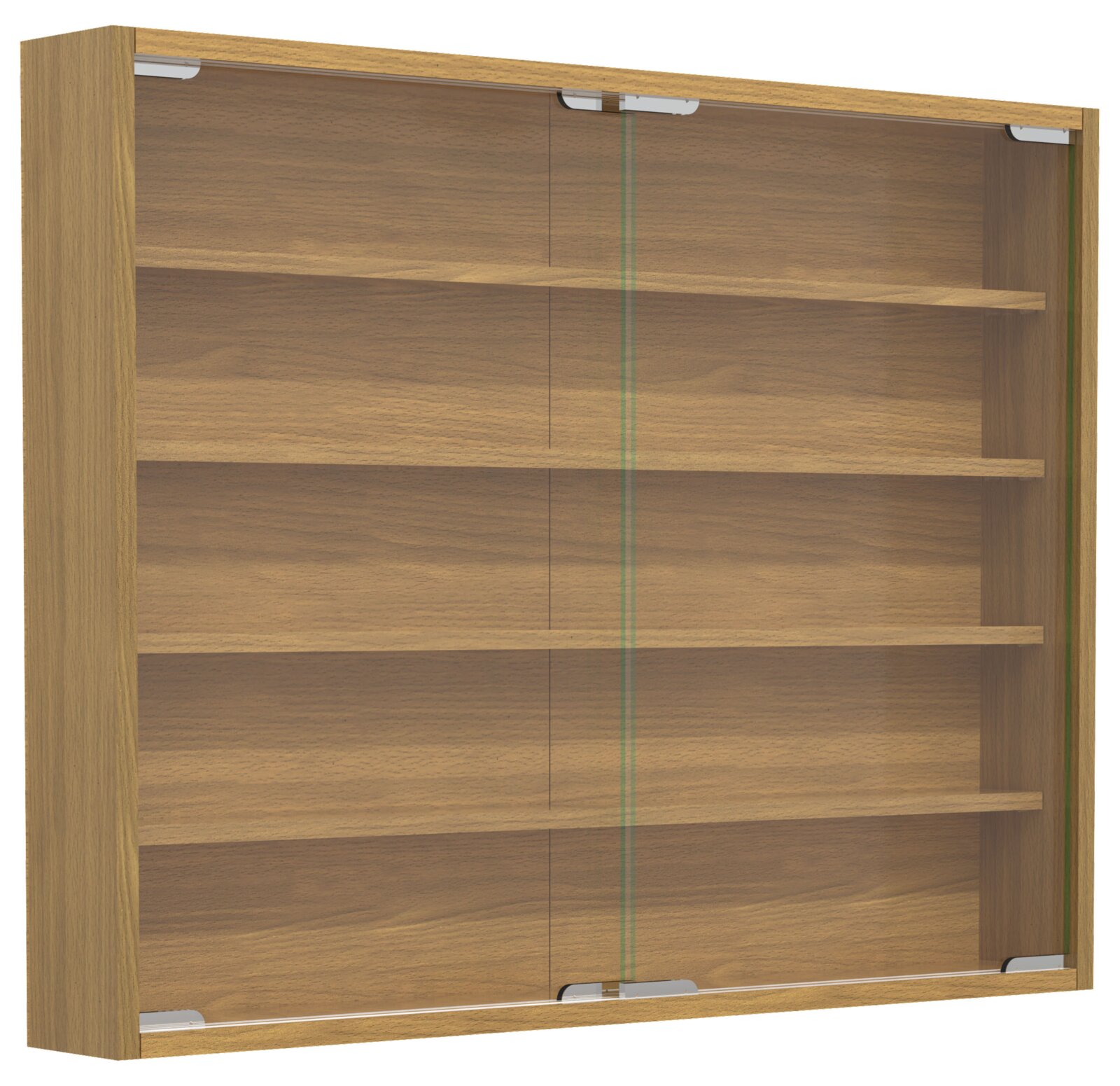 Holz-Wandschrank mit zwei Glasschiebetüren und mehreren Einlegeböden, Ansicht schräg von vorn