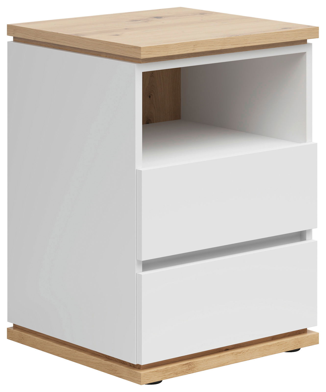 Weiße Nachtkommode mit zwei Schubladen und einem offenen Fach, Holzoberfläche und -sockel, seitliche Perspektive