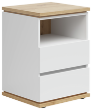 Weiße Nachtkommode mit zwei Schubladen und einem offenen Fach, Holzoberfläche und -sockel, seitliche Perspektive