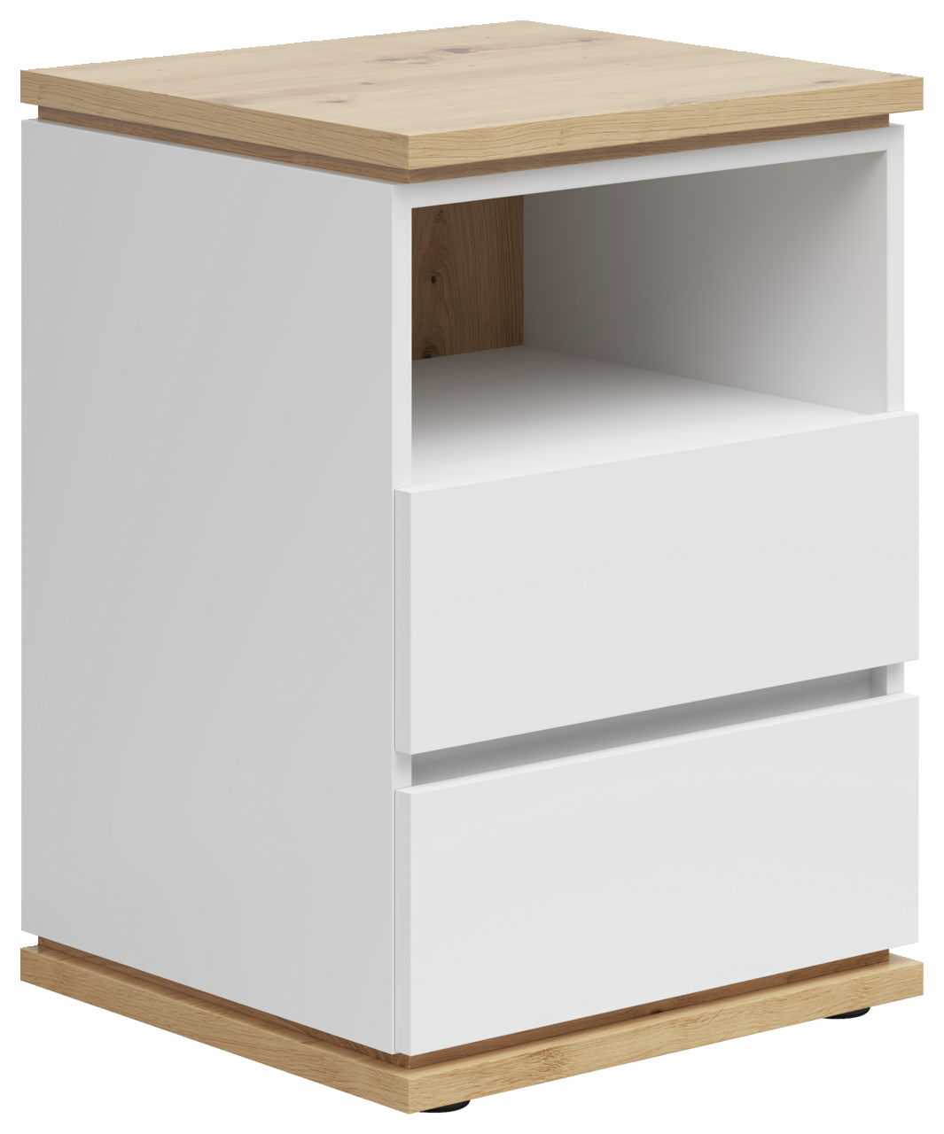 Weiße Nachtkommode mit zwei Schubladen und einem offenen Fach, Holzoberfläche und -sockel, seitliche Perspektive