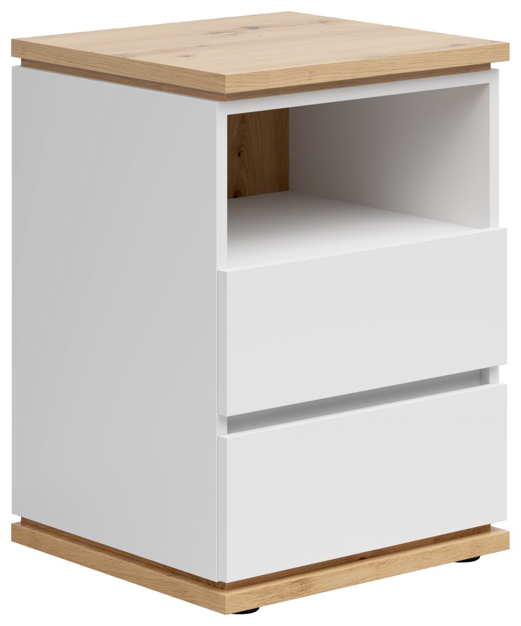 XORA Nachtkommode YAMAEL Weiße Nachtkommode mit zwei Schubladen und einem offenen Fach, Holzoberfläche und -sockel, seitliche Perspektive