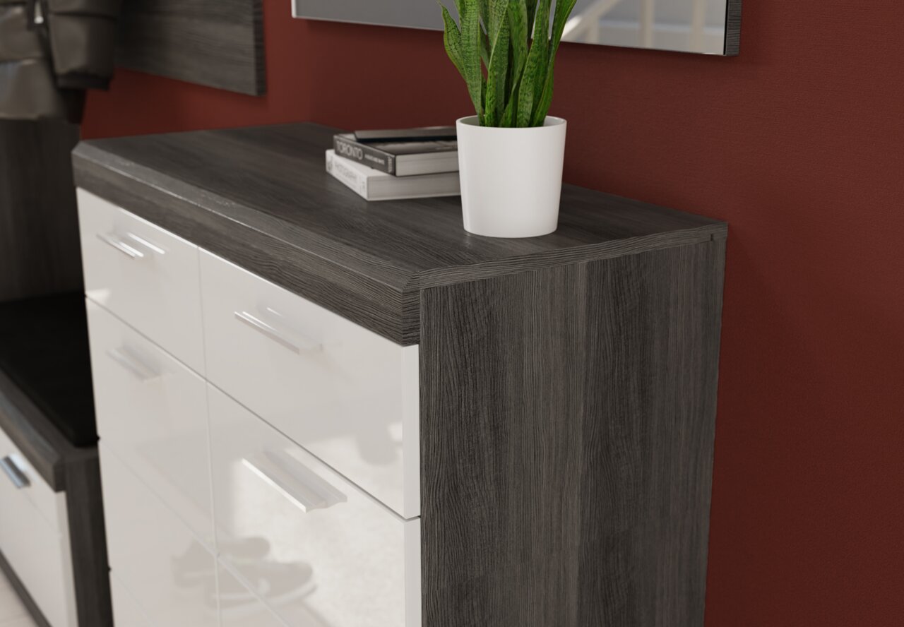Nahaufnahme eines modernen Garderoben-Sets mit weiß glänzenden Schubladen und einer dunklen Holzoberfläche, darauf steht eine Pflanze in einem weißen Topf.