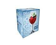 Verpackung des Spritz-Sets mit einem Glas gefüllt mit roten Beeren und Minze, seitliche Perspektive