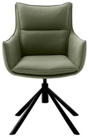 Grüner Sessel mit gepolstertem Sitz und Rückenlehne, schwarzes Metallgestell, Frontalansicht