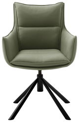 Grüner Sessel mit gepolstertem Sitz und Rückenlehne, schwarzes Metallgestell, Frontalansicht