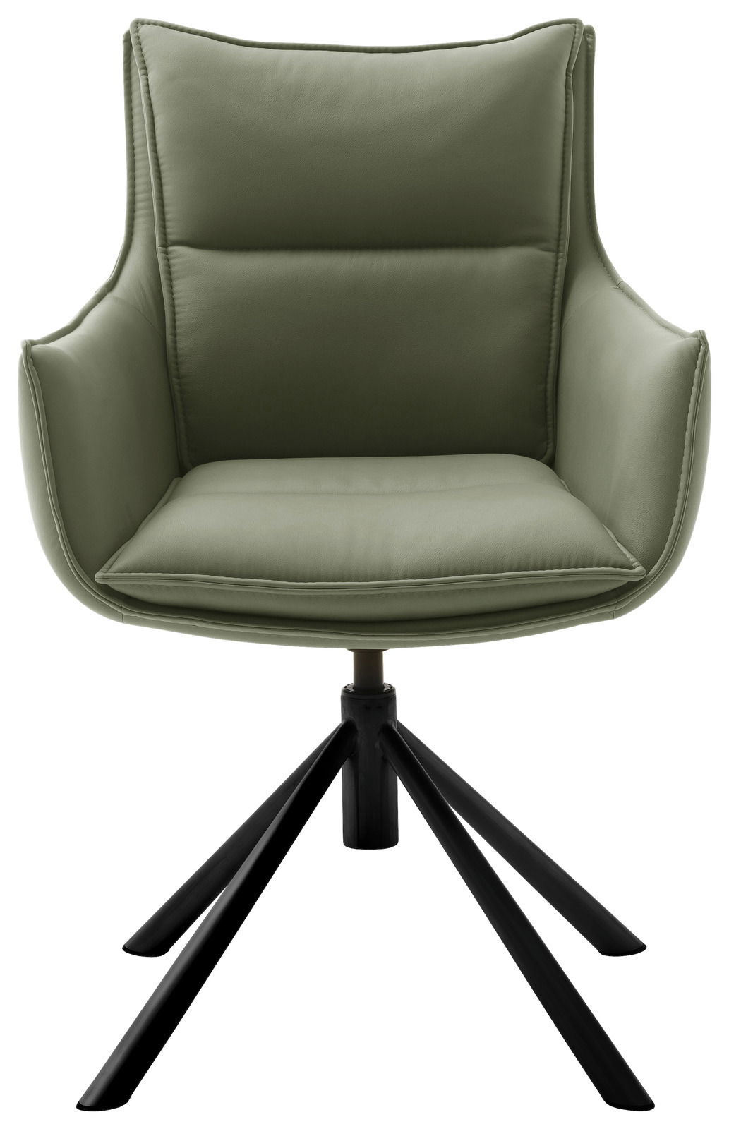 Grüner Sessel mit gepolstertem Sitz und Rückenlehne, schwarzes Metallgestell, Frontalansicht