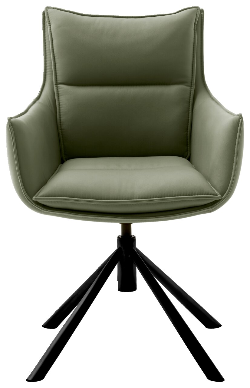 Grüner Sessel mit gepolstertem Sitz und Rückenlehne, schwarzes Metallgestell, Frontalansicht