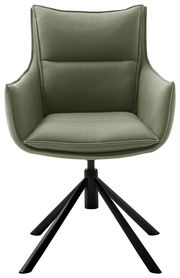 Grüner Sessel mit gepolstertem Sitz und Rückenlehne, schwarzes Metallgestell, Frontalansicht