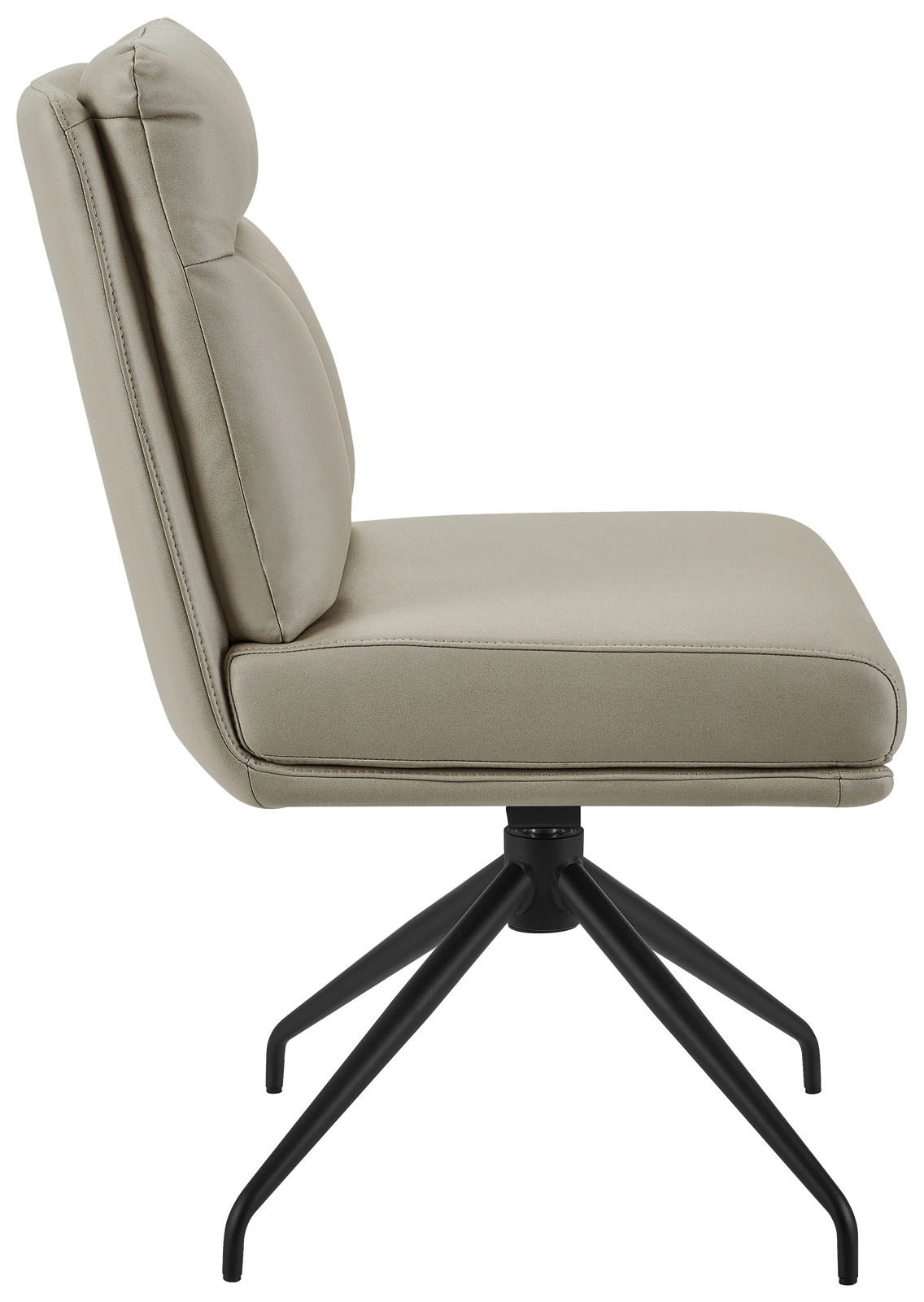 Moderner Stuhl mit gepolsterter Sitzfläche und Rückenlehne in Seitenansicht, auf schwarzem Metallgestell.