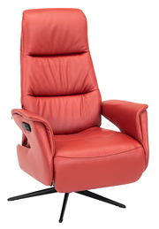 Roter Relaxsessel Welnova 8102 SLIMLINE 2.0, Vorderansicht, mit schwarzem Drehfuß und gepolsterten Armlehnen.