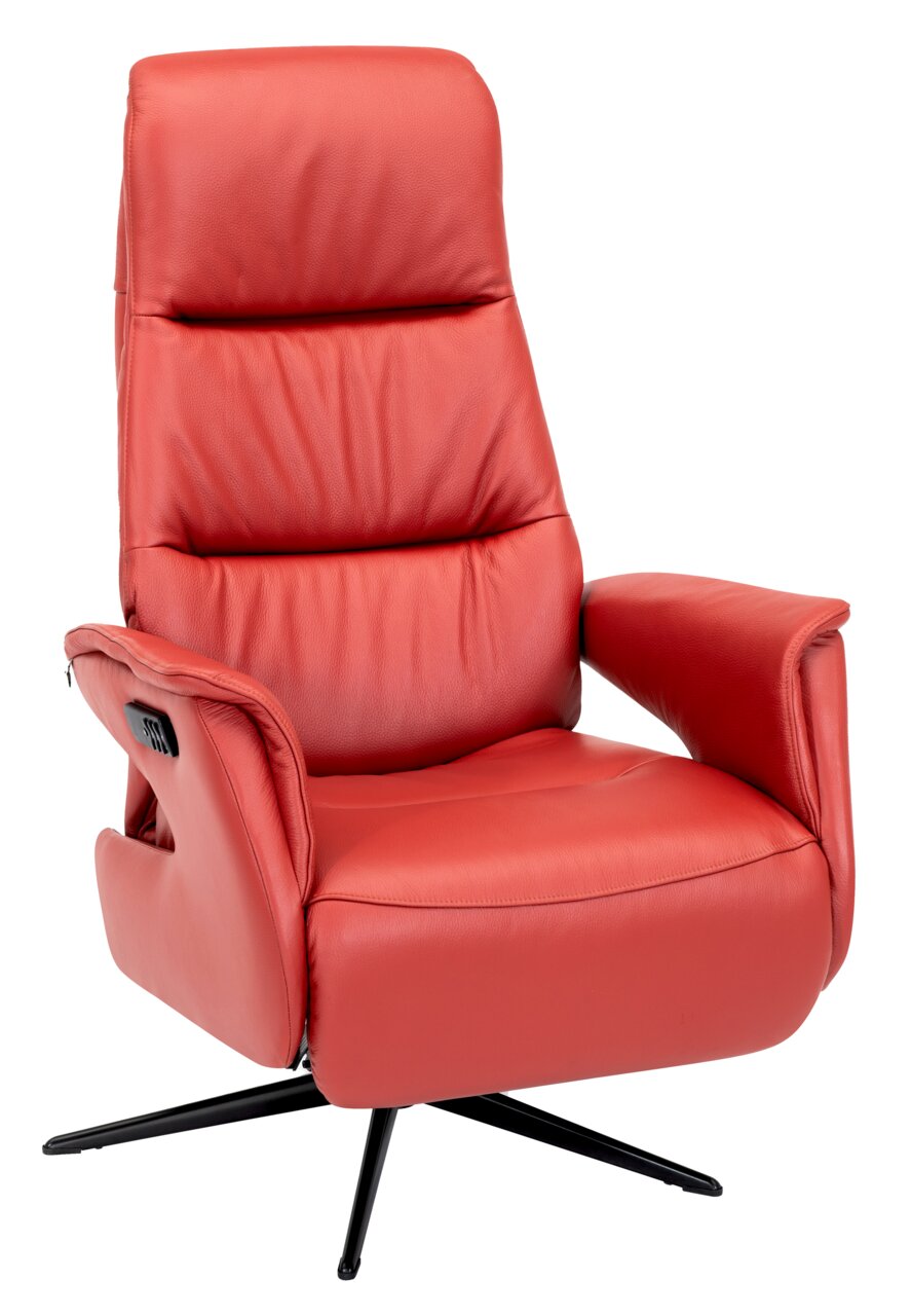 Welnova Relaxfauteuil 8102 SLIMLINE 2.0 Rode relaxfauteuil Welnova 8102 SLIMLINE 2.0, vooraanzicht, met zwarte draaivoet en gestoffeerde armleuningen.