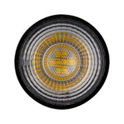 Vorderansicht eines LED Leuchtmittels mit kreisförmigem, strukturiertem Design und gelben Elementen.