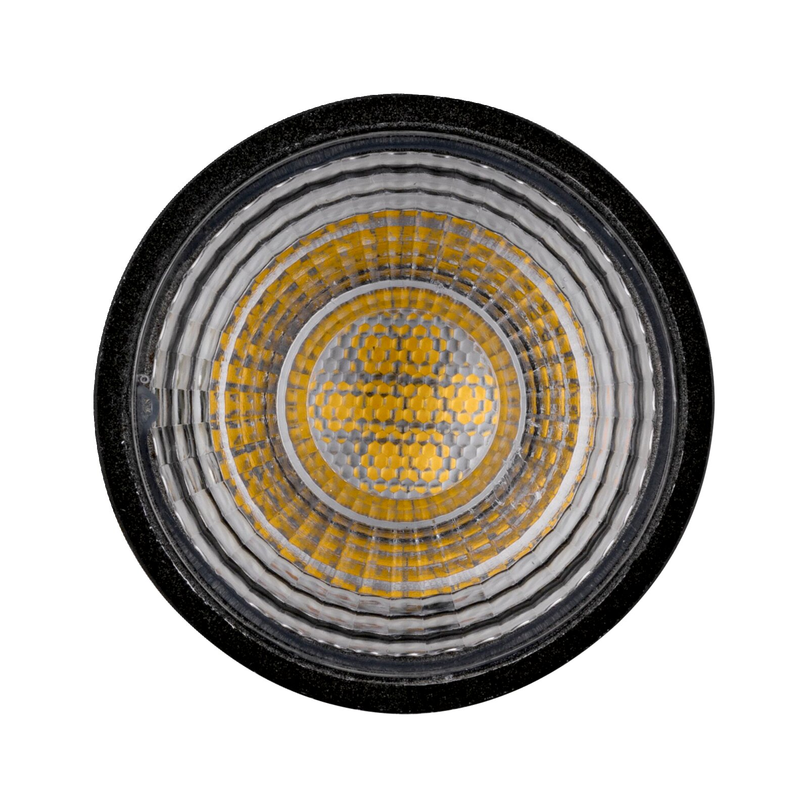 Vorderansicht eines LED Leuchtmittels mit kreisförmigem, strukturiertem Design und gelben Elementen.