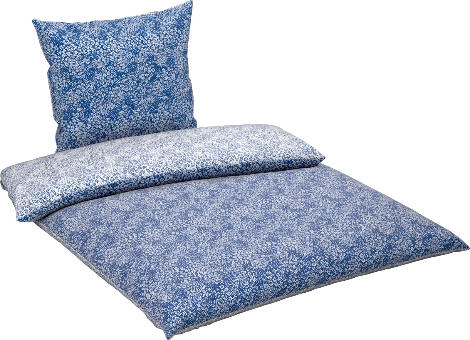 Blau-weiß gemusterte Bettwäsche mit feinem Blumen-/Sternchenprint, Deckenbezug und Kissenbezug, schräg von vorne in leichter Draufsicht freigestellt