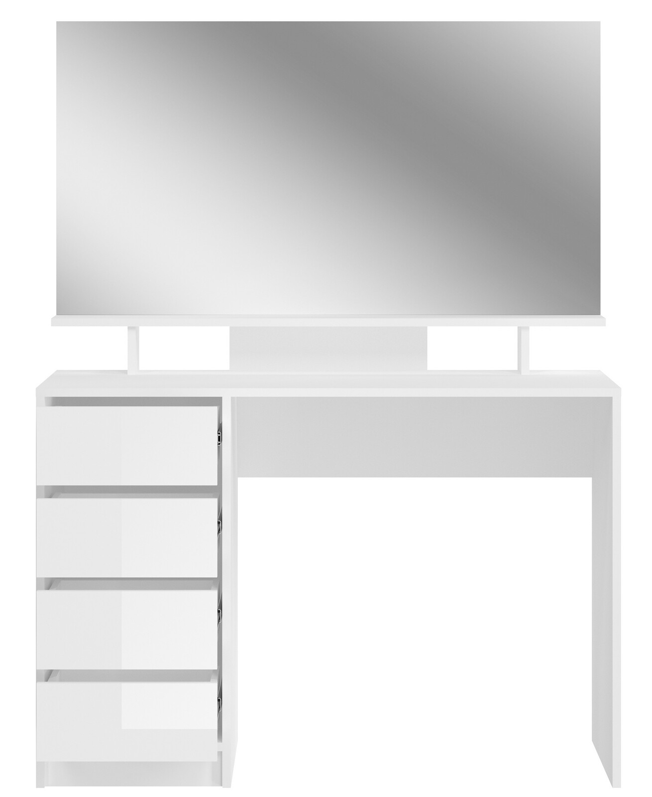 Weißer Schminktisch mit großem Spiegel und vier Schubladen, Frontalansicht