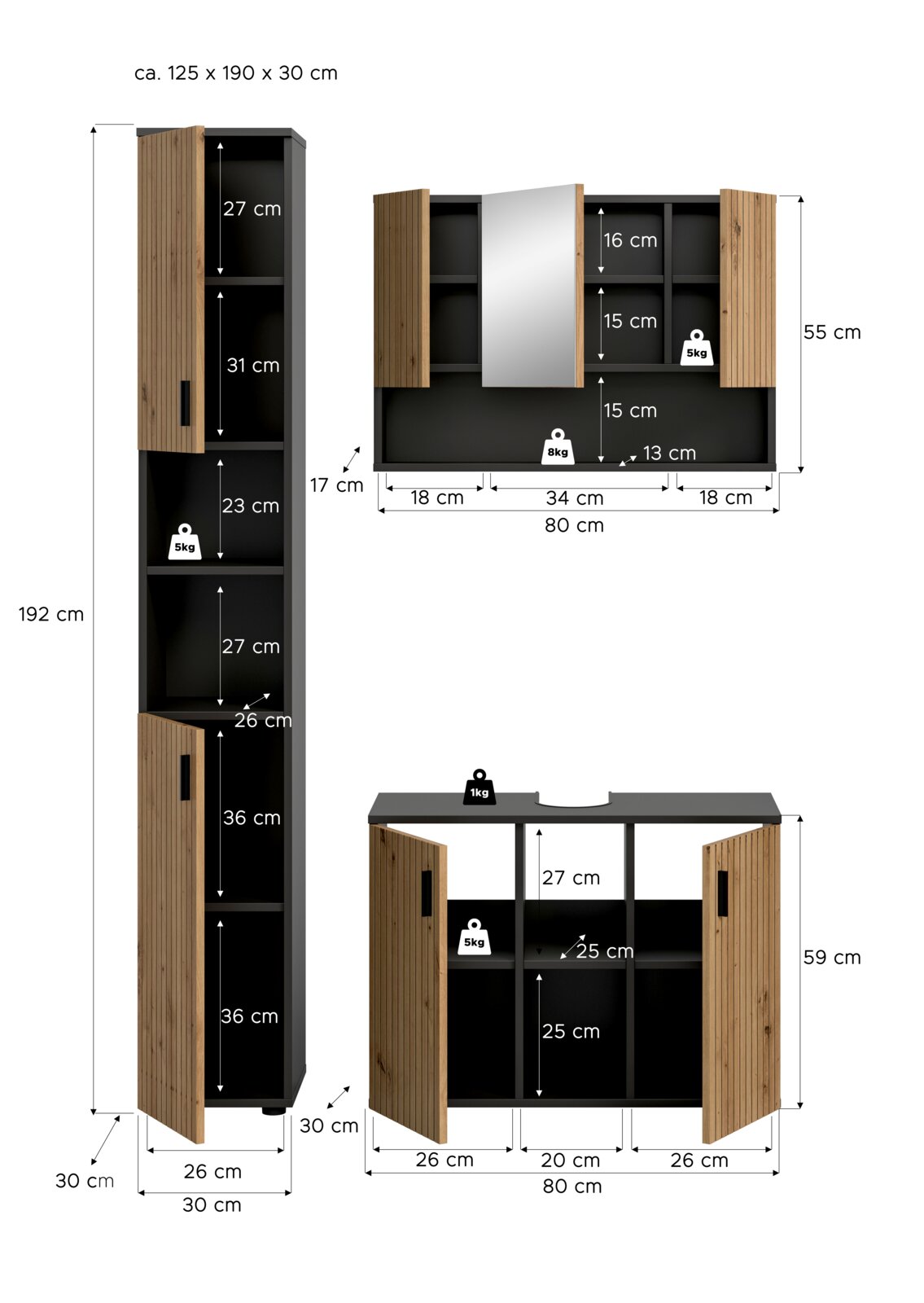 Badezimmermöbel-Set in Schwarz mit Holz-Lamellenfronten, bestehend aus Hochschrank, Waschtischunterschrank und Spiegelschrank, frontale Ansicht mit geöffneten Türen und Maßangaben