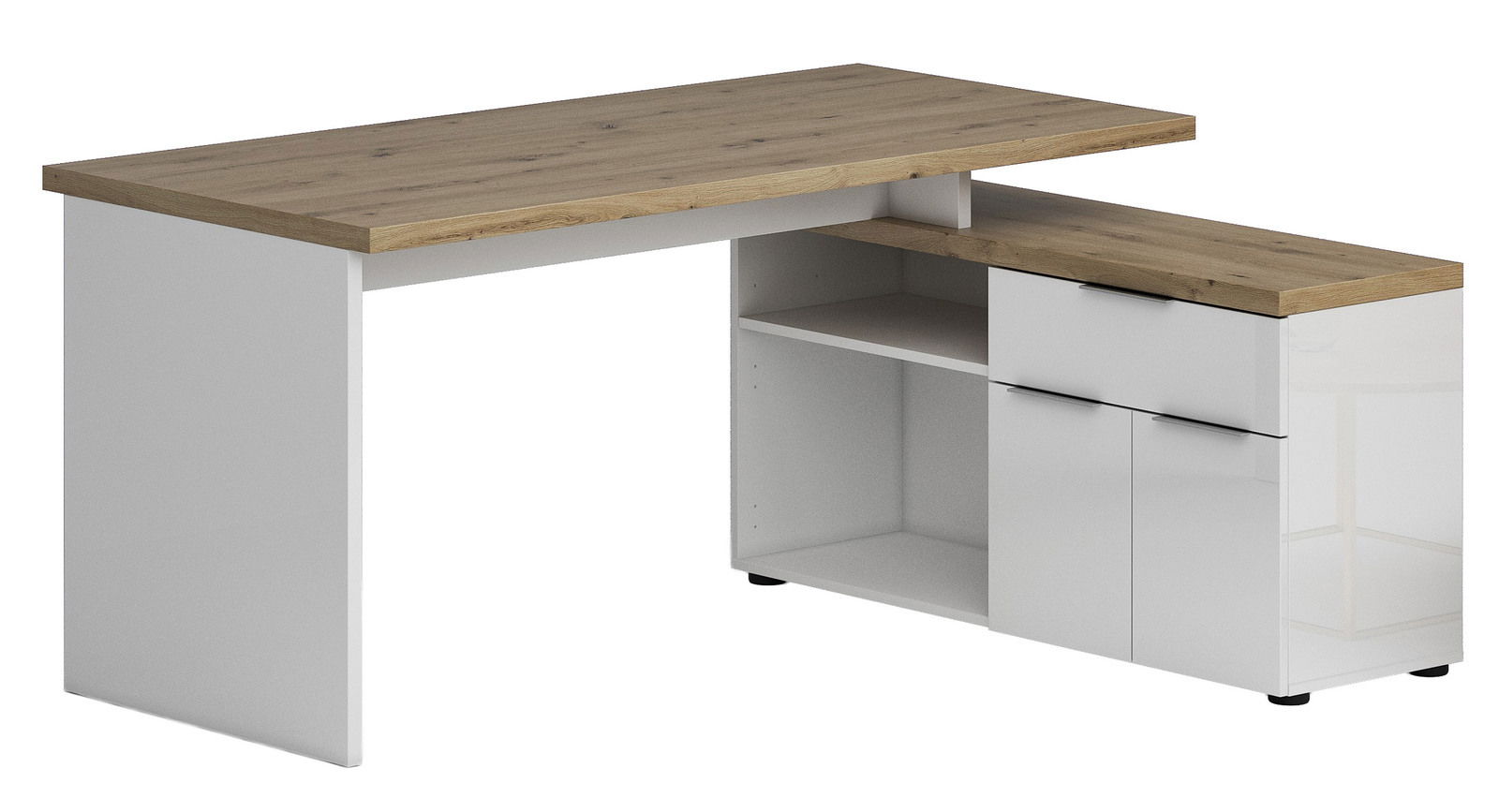 XORA Eckschreibtisch IDEA-OFFICE Moderner Eckschreibtisch mit weißem Korpus und Holzoberfläche, seitliche Perspektive