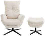 Frontansicht eines cremefarbenen Relaxsessels mit passendem Hocker, beide mit geripptem Stoffbezug und schwarzem Drehfuß.