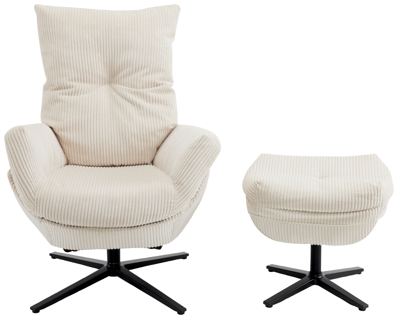 Frontansicht eines cremefarbenen Relaxsessels mit passendem Hocker, beide mit geripptem Stoffbezug und schwarzem Drehfuß.