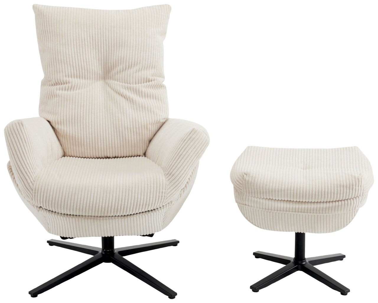 Vooraanzicht van een crèmekleurige relaxfauteuil met bijpassende voetenbank, beide met geribbelde stoffen bekleding en een zwart draaipootje.