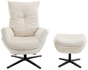 Vooraanzicht van een crèmekleurige relaxfauteuil met bijpassende voetenbank, beide met geribbelde stoffen bekleding en een zwart draaipootje.