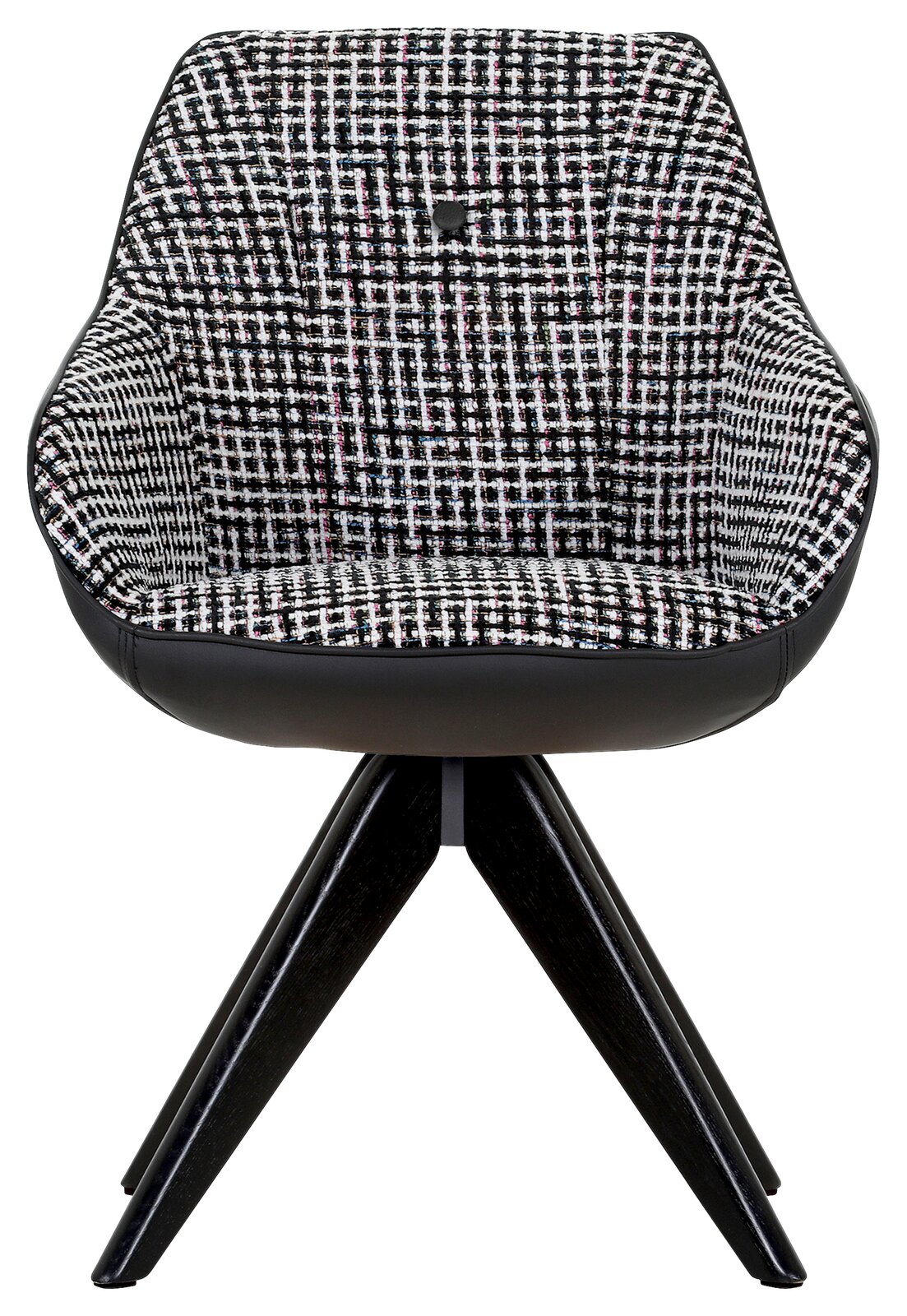 Vorderansicht eines stilvollen Armlehnstuhls mit schwarz-weißem Karomuster und dunklen Holzbeinen.