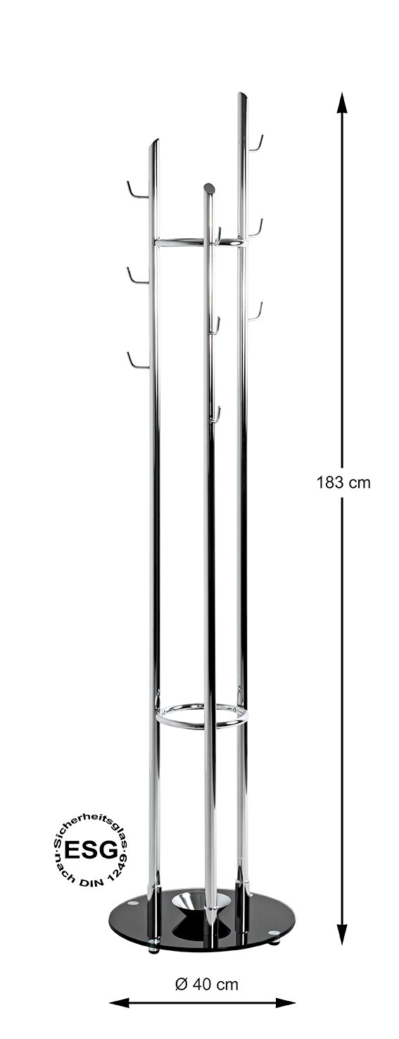 Freistehender Garderobenständer aus verchromtem Metall mit mehreren Haken und rundem schwarzem Standfuß (Ø 40 cm), Höhe 183 cm, frontale Produktansicht leicht seitlich vor weißem Hintergrund.