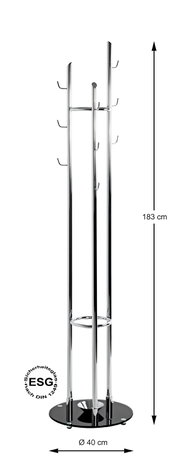 Freistehender Garderobenständer aus verchromtem Metall mit mehreren Haken und rundem schwarzem Standfuß (Ø 40 cm), Höhe 183 cm, frontale Produktansicht leicht seitlich vor weißem Hintergrund.