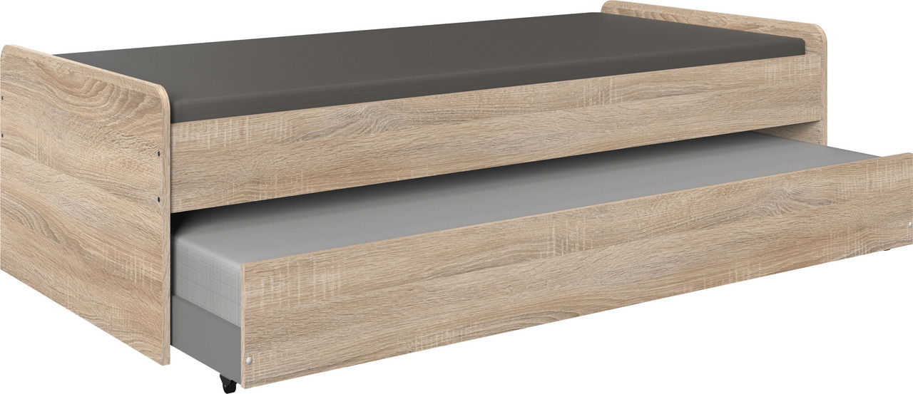 Ausziehliege aus Holz mit grauer Matratze, seitliche Perspektive