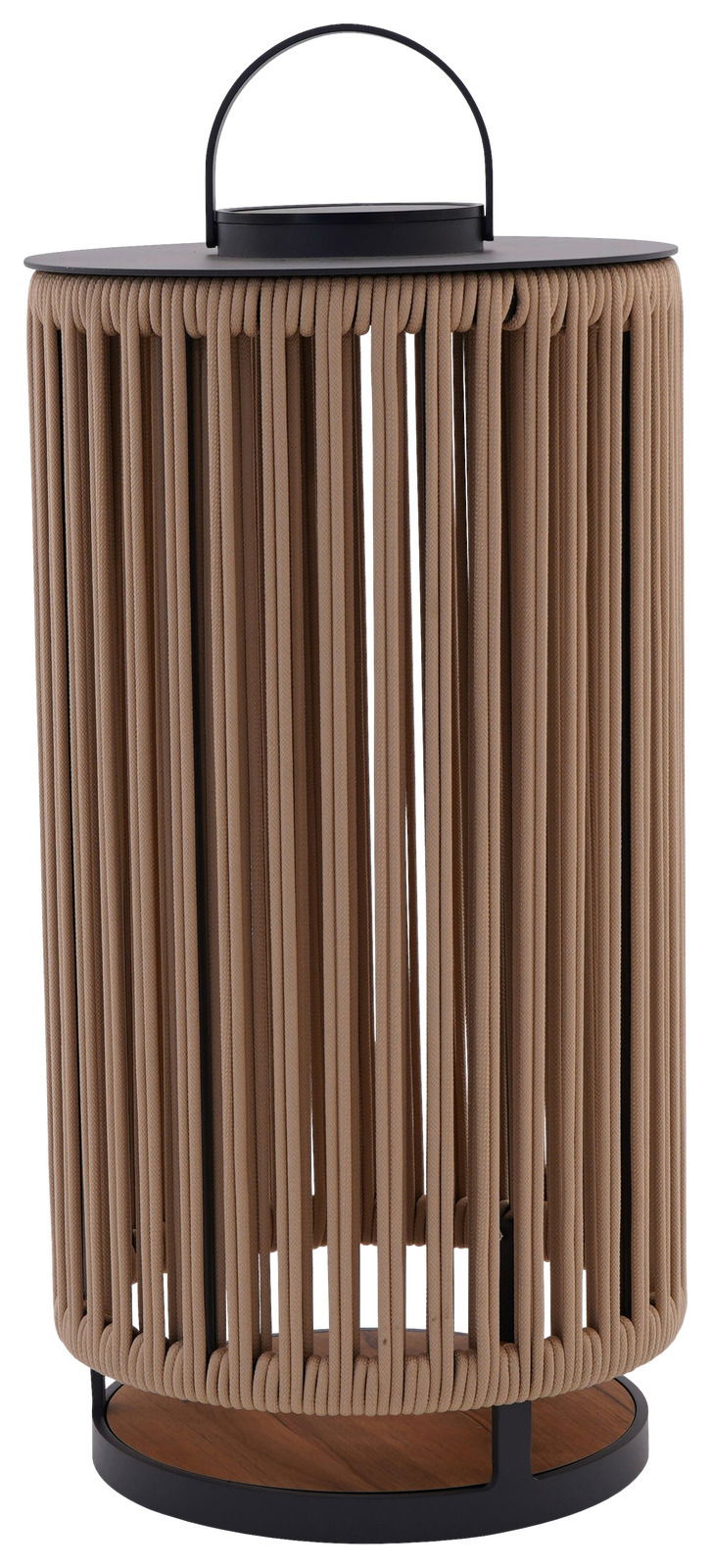 Große Solarlampe mit vertikalen Streben und Tragegriff, seitliche Perspektive