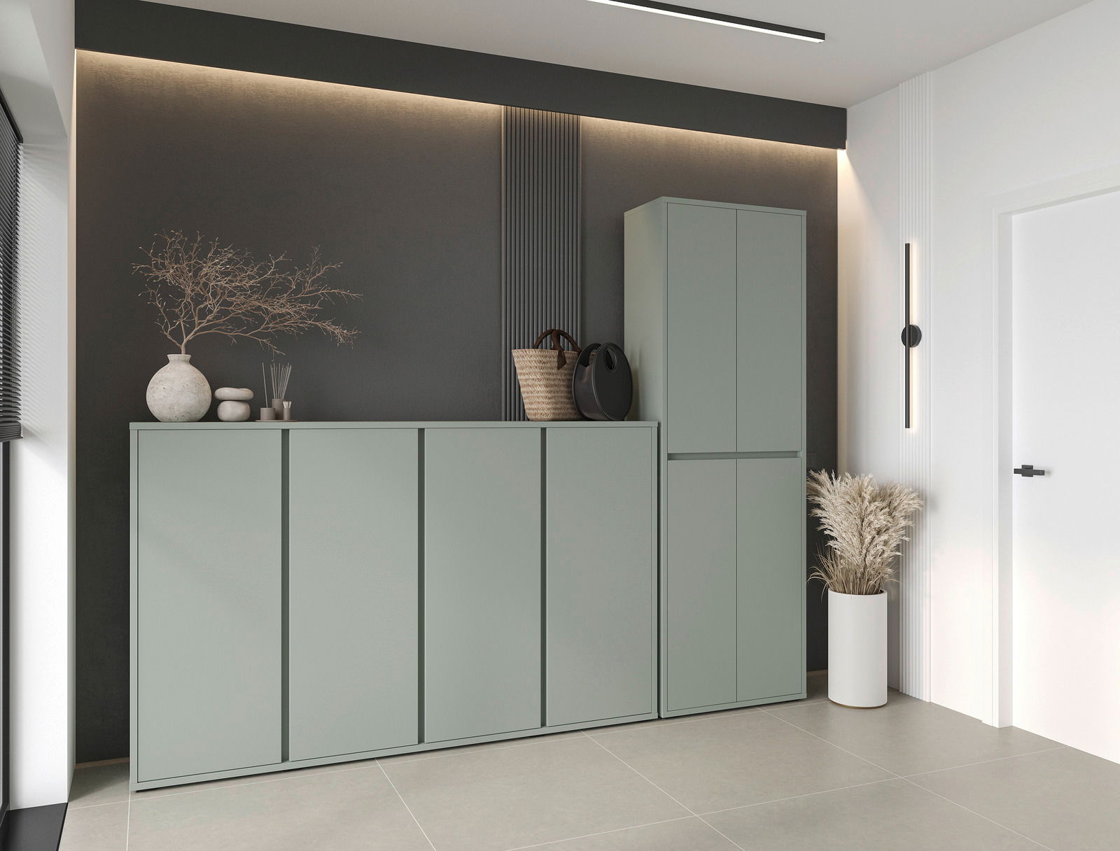 Moderner XXL-Schuh- und Mehrzweckschrank in einem stilvollen Raum, seitliche Perspektive