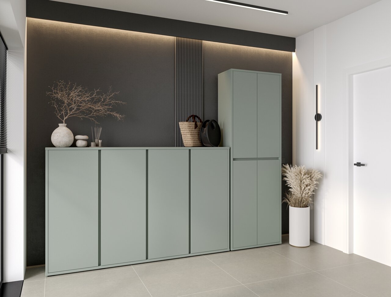XORA XXL-Schuh-/Mehrzweckschrank LIV Moderner XXL-Schuh- und Mehrzweckschrank in einem stilvollen Raum, seitliche Perspektive