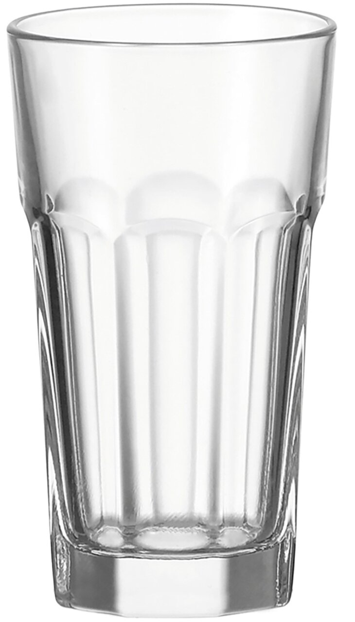 Transparenter Longdrinkbecher ROCK aus Glas, frontal fotografiert.