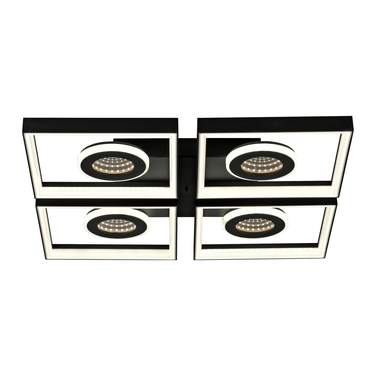 Moderne LED-Deckenleuchte mit vier quadratischen Rahmen und runden LED-Lichtern, Ansicht von unten.