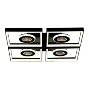 Moderne led-plafondlamp met vier vierkante frames en ronde led-lampjes, gezien van onderaf.