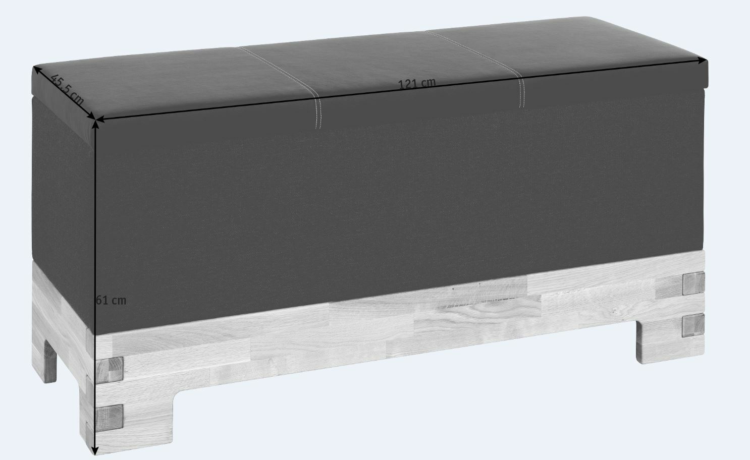 Truhenbank mit gepolstertem Sitz in Seitenansicht, Maße 121 cm x 45,5 cm x 61 cm