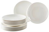 Weißes 12-teiliges Dinner-Set aus Porzellan, bestehend aus flachen und tiefen Tellern, seitliche Perspektive.