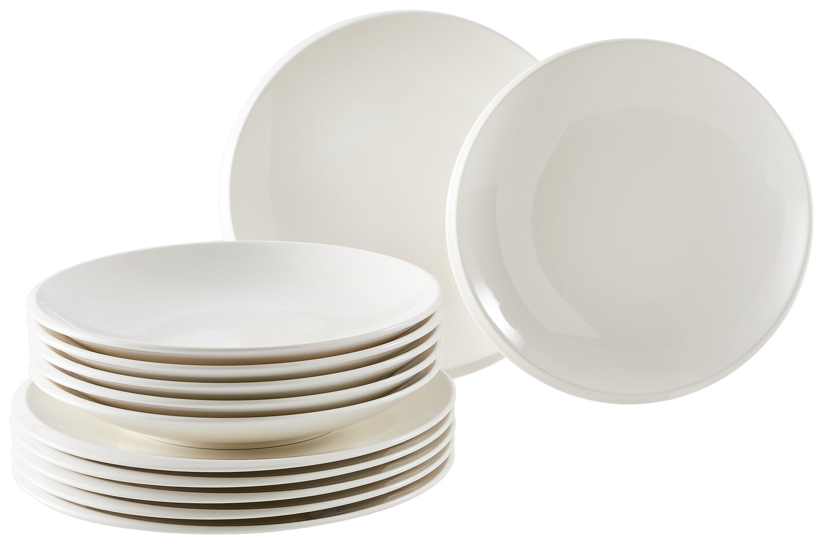 Villeroy & Boch Dinner-Set 12-tlg. NEW MOON Weißes 12-teiliges Dinner-Set aus Porzellan, bestehend aus flachen und tiefen Tellern, seitliche Perspektive.