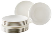 Weißes 12-teiliges Dinner-Set aus Porzellan, bestehend aus flachen und tiefen Tellern, seitliche Perspektive.