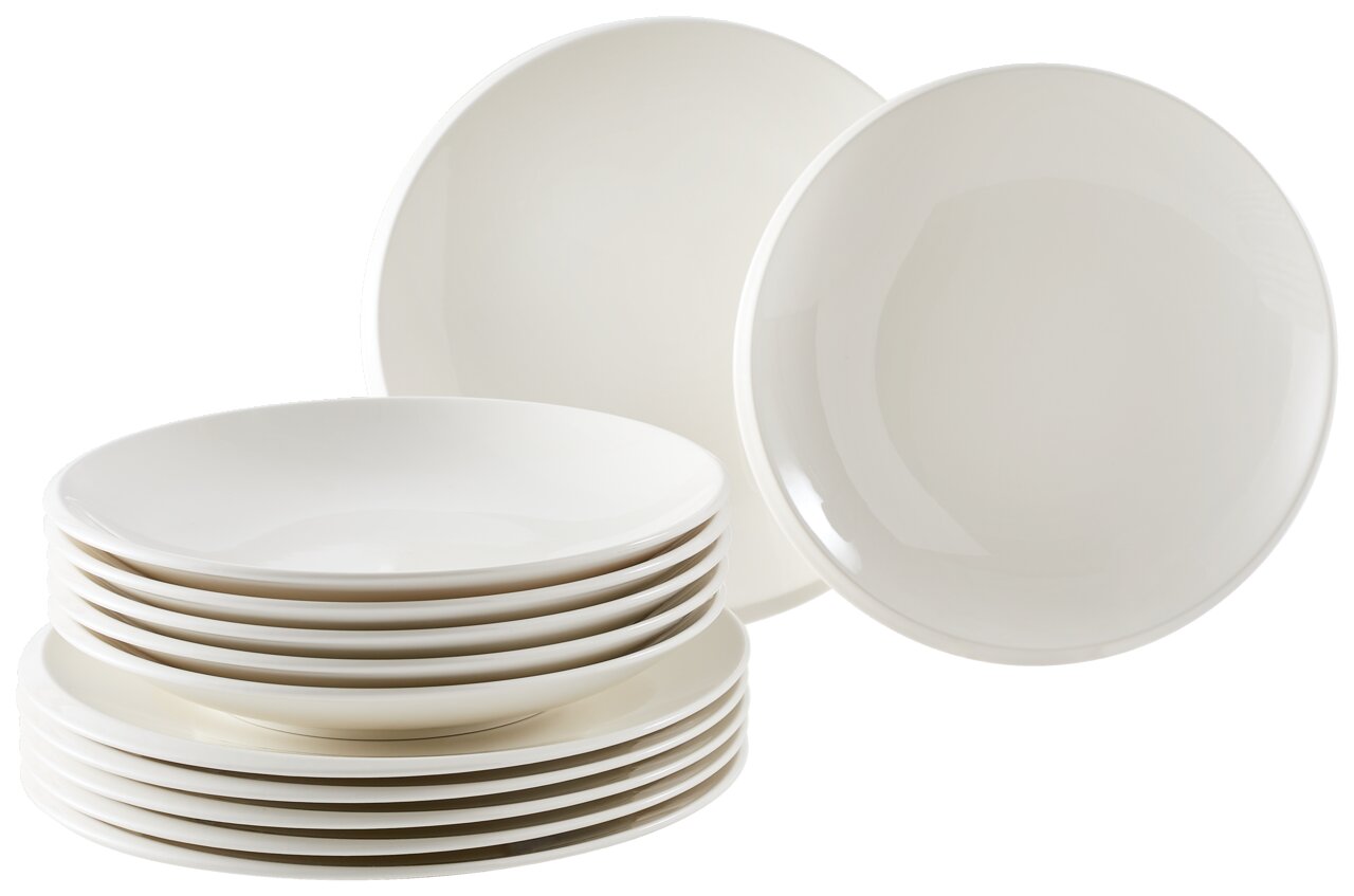 Weißes 12-teiliges Dinner-Set aus Porzellan, bestehend aus flachen und tiefen Tellern, seitliche Perspektive.