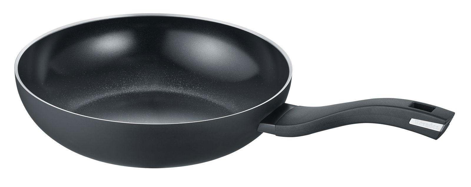 Wokpfanne b.green 28cm, seitliche Perspektive mit schwarzem Griff und antihaftbeschichteter Innenfläche.