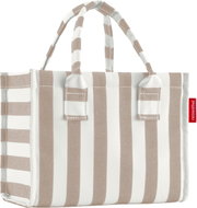 Gestreifte Einkaufstasche/Shopper in Weiß und Beige mit zwei Tragehenkeln, Frontansicht.