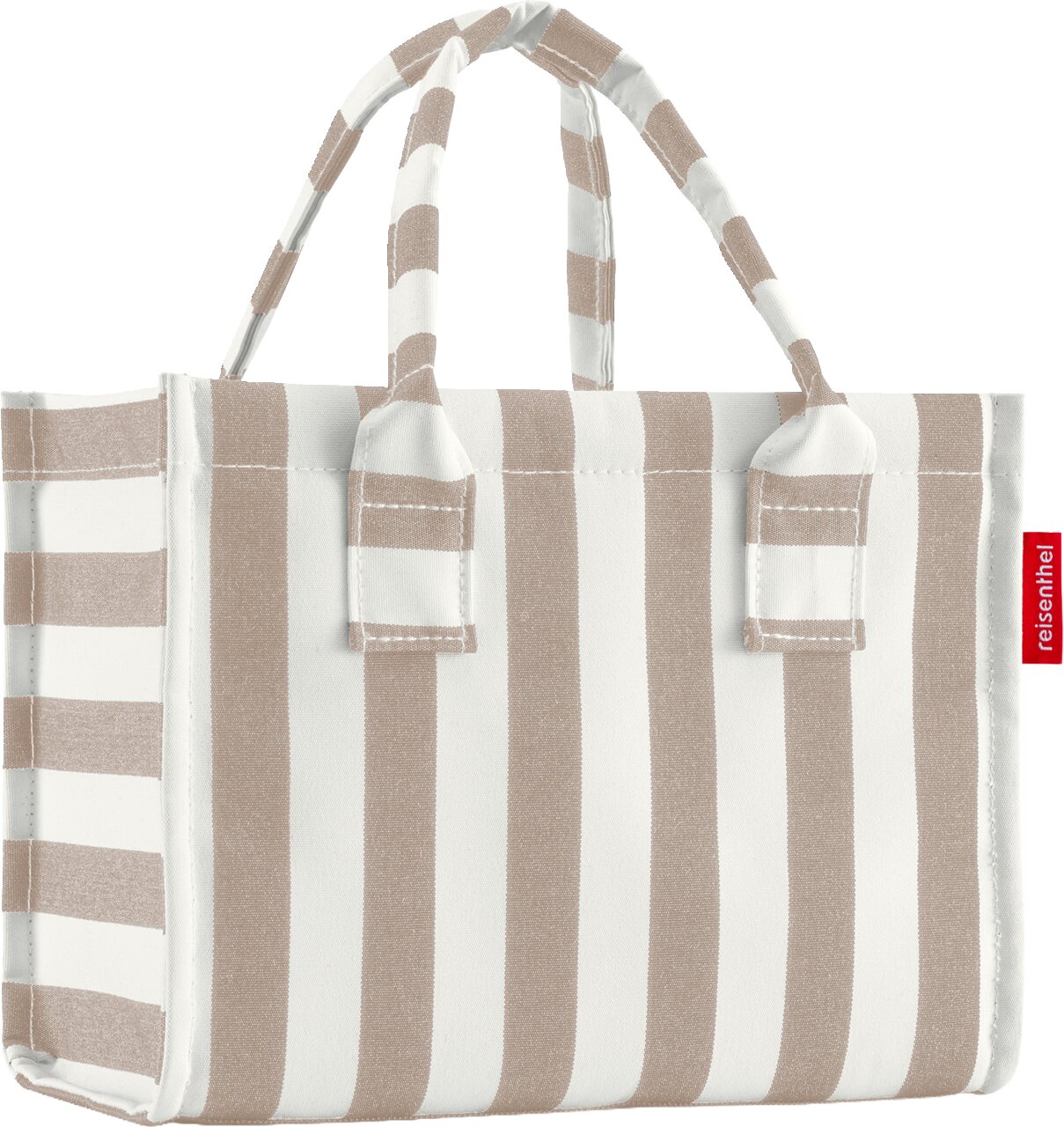 Gestreifte Einkaufstasche/Shopper in Weiß und Beige mit zwei Tragehenkeln, Frontansicht.