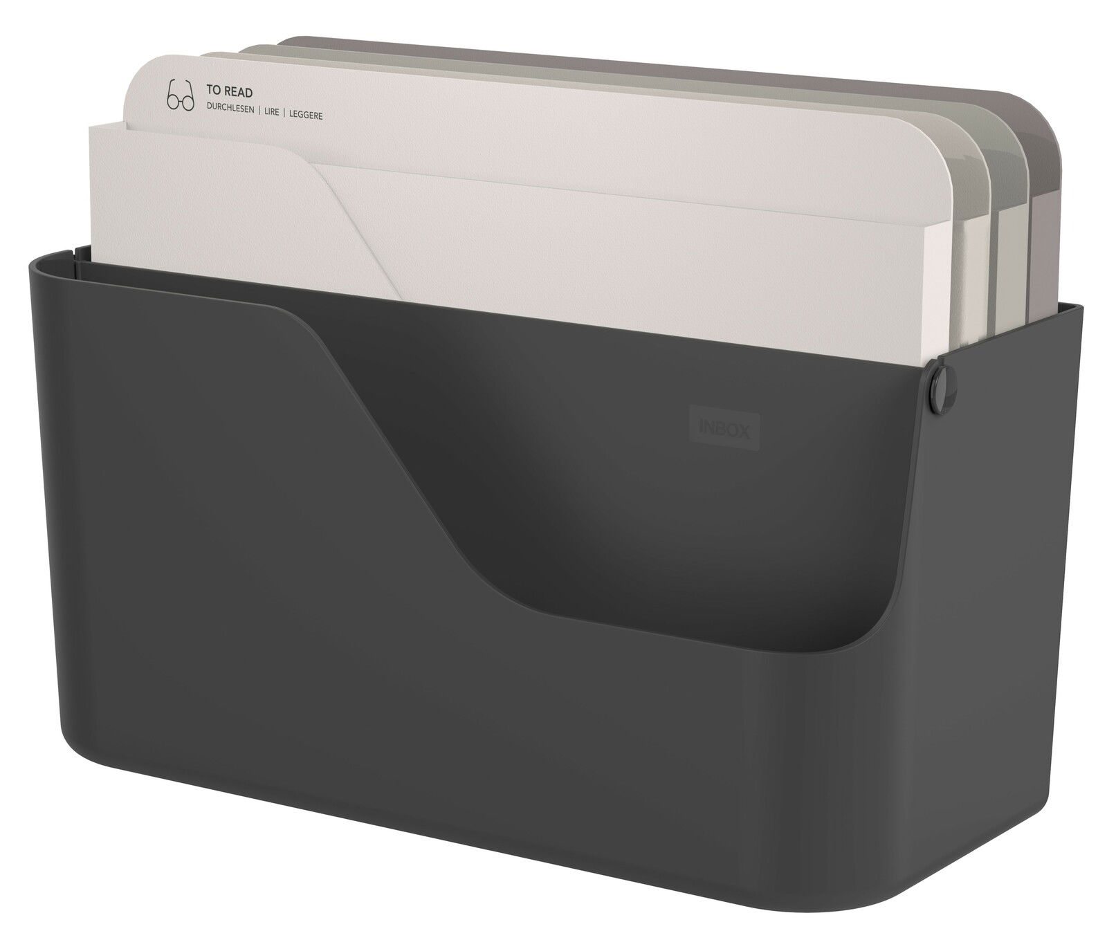 rotho Dokumentenorganizer Inbox MY PAPER Schwarzer Dokumentenorganizer mit mehreren Fächern, gefüllt mit sortierten Dokumenten, seitliche Perspektive